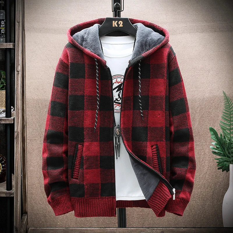 Nuovo Maglione Scozzese Invernale Da Uomo Cardigan Con Cappuccio Cerniera Giacca In Lana Calda Autunno In Pile Quadretti