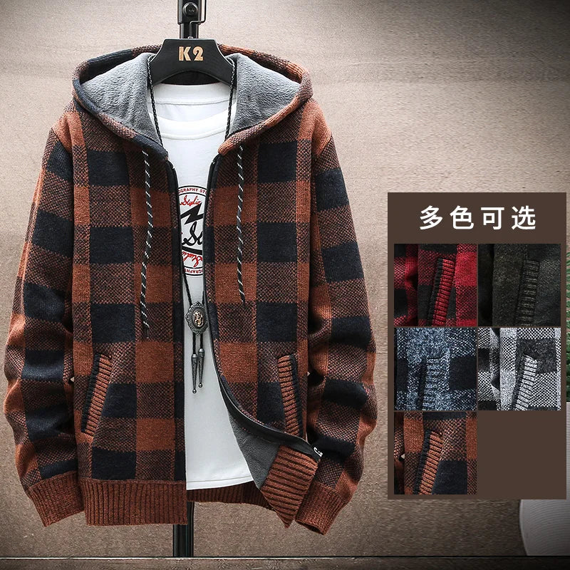 Nuovo Maglione Scozzese Invernale Da Uomo Cardigan Con Cappuccio Cerniera Giacca In Lana Calda Autunno In Pile Quadretti