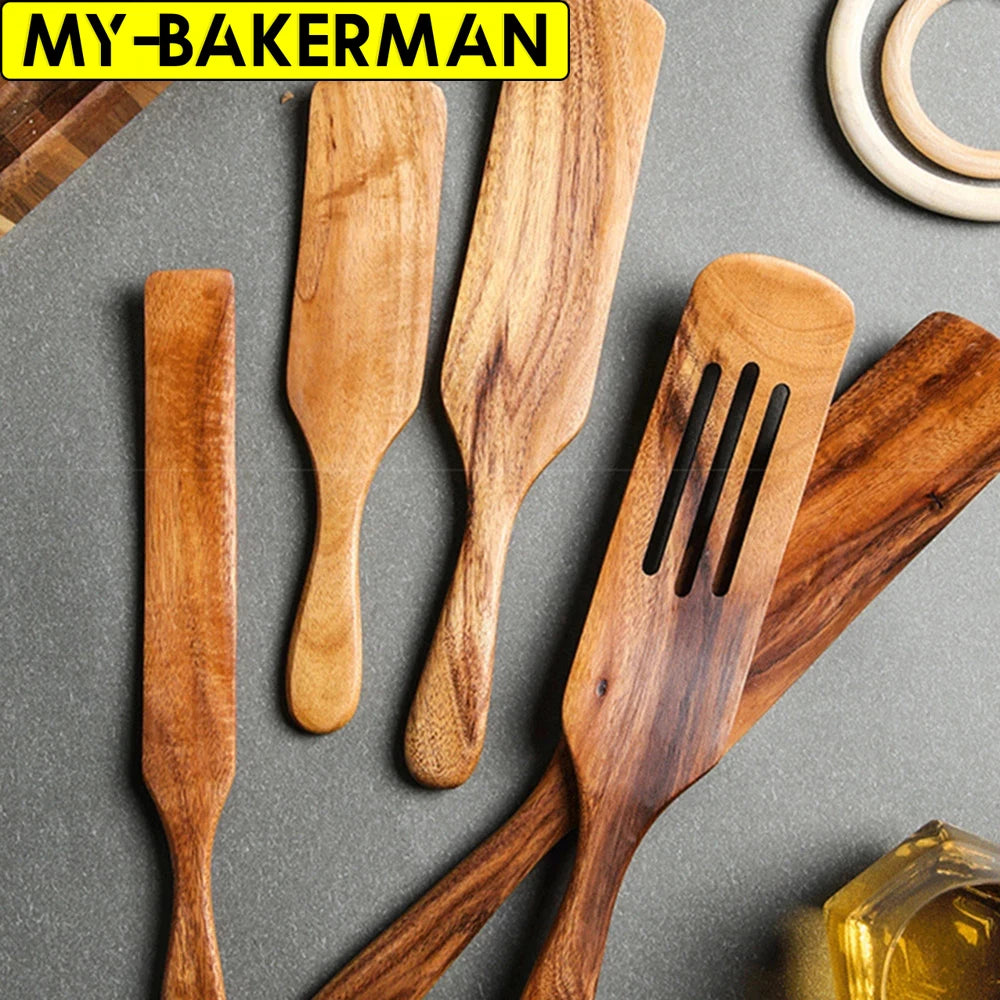 Set Da 5 Pezzi Di Spatole Scanalate In Teak Naturale Per Mescolare Utensili Da Cucina In Legno Resistente Al Calore