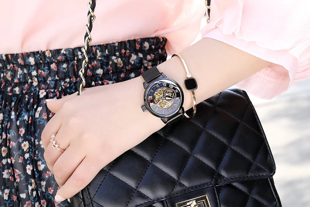 Orologio Automatico Da Donna Orkina Scheletrato Nero Con Cinturino Rete In Acciaio Inossidabile Lusso Per Affari
