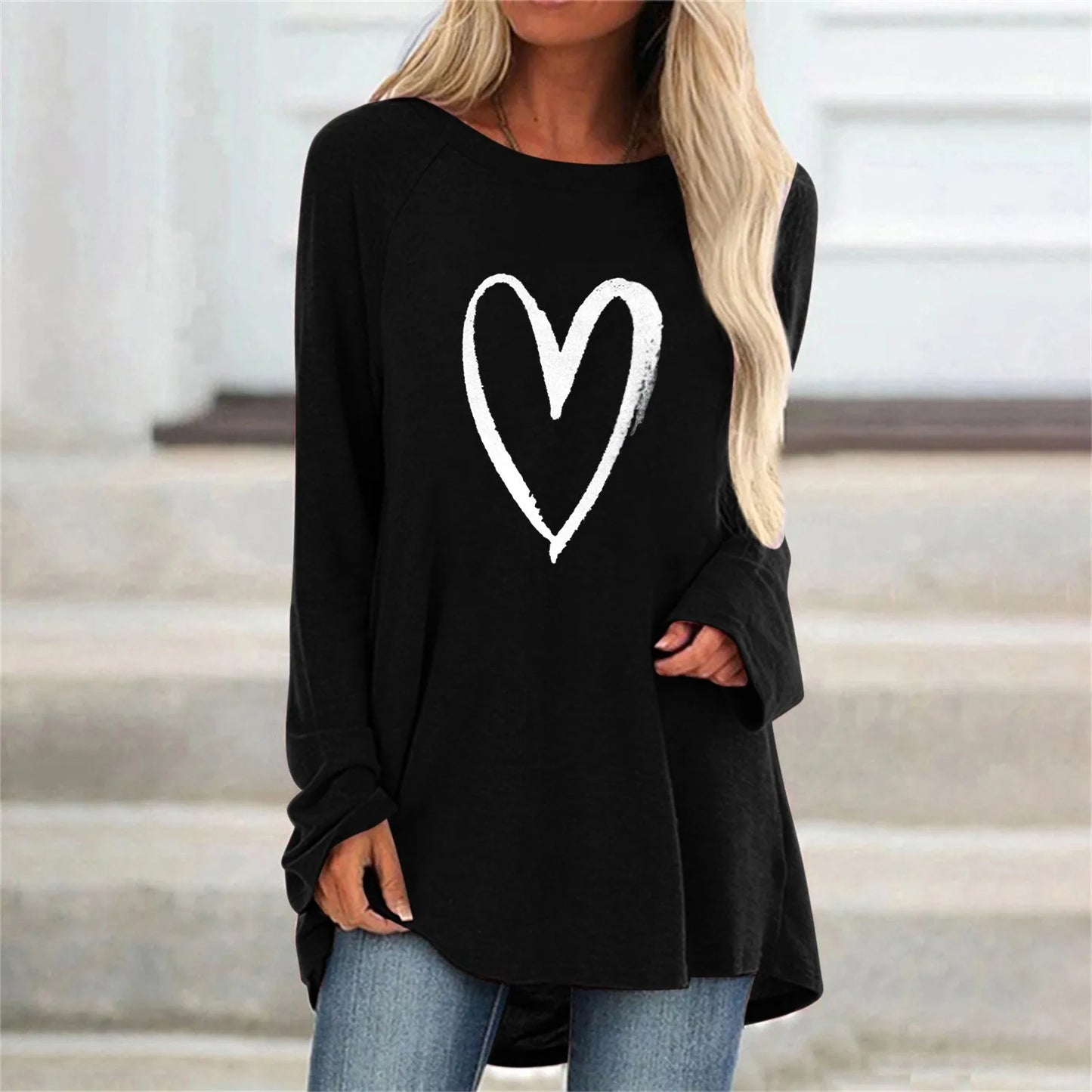 Maglietta Donna Collo O Cuore 3D Stampato Allentata Maniche Lunghe Harajuku Pullover Grandi Dimensioni