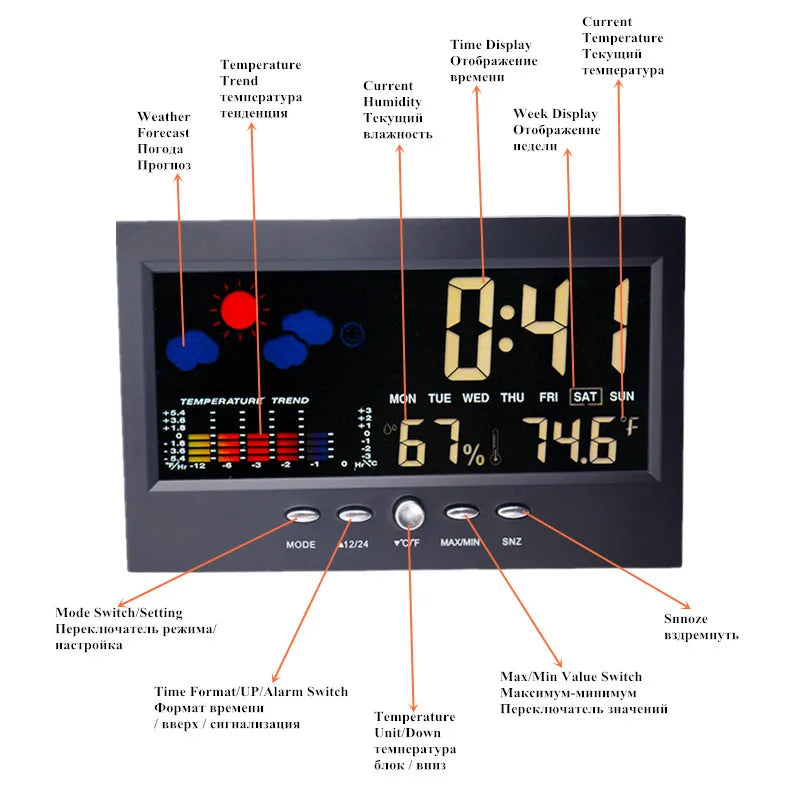 Stazione Meteorologica Multifunzionale Orologio Termometro Igrometro Calendario Display LCD Digitale Temperatura Umidità
