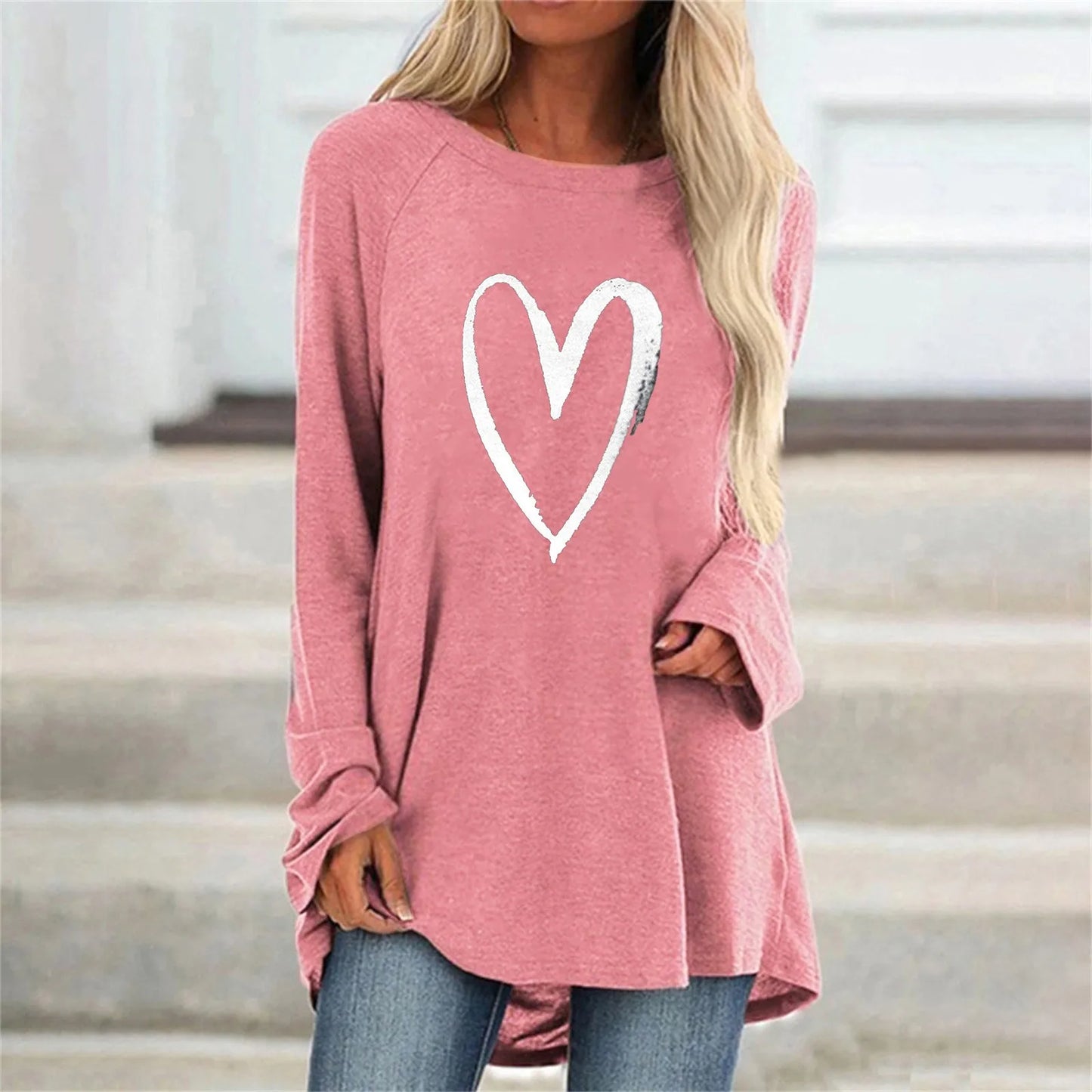 Maglietta Donna Collo O Cuore 3D Stampato Allentata Maniche Lunghe Harajuku Pullover Grandi Dimensioni