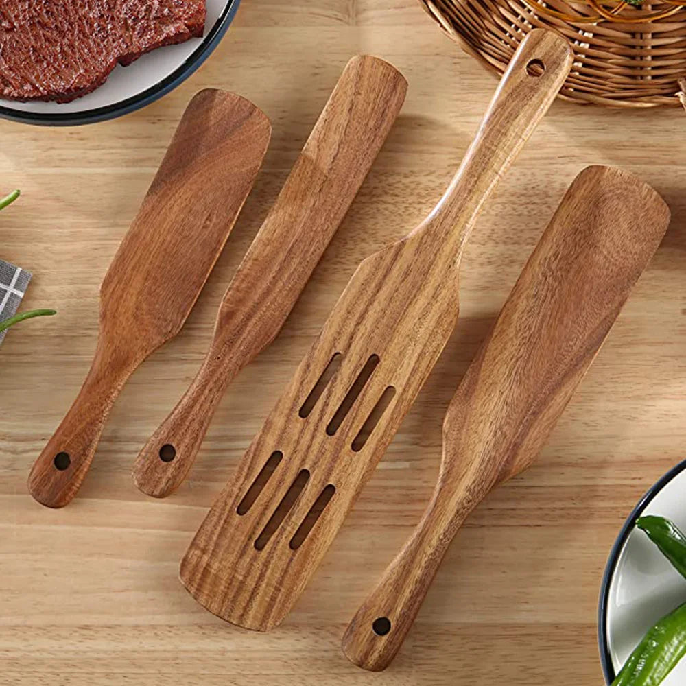 Set Da 5 Pezzi Di Spatole Scanalate In Teak Naturale Per Mescolare Utensili Da Cucina In Legno Resistente Al Calore