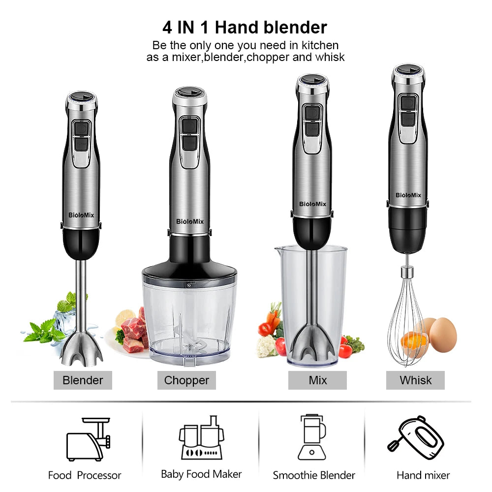 Frullatore A Immersione Biolomix 4 In 1 Ad Alta Potenza 1200 W Lame In Acciaio Inox Con Tazza Tritatutto E Frullato