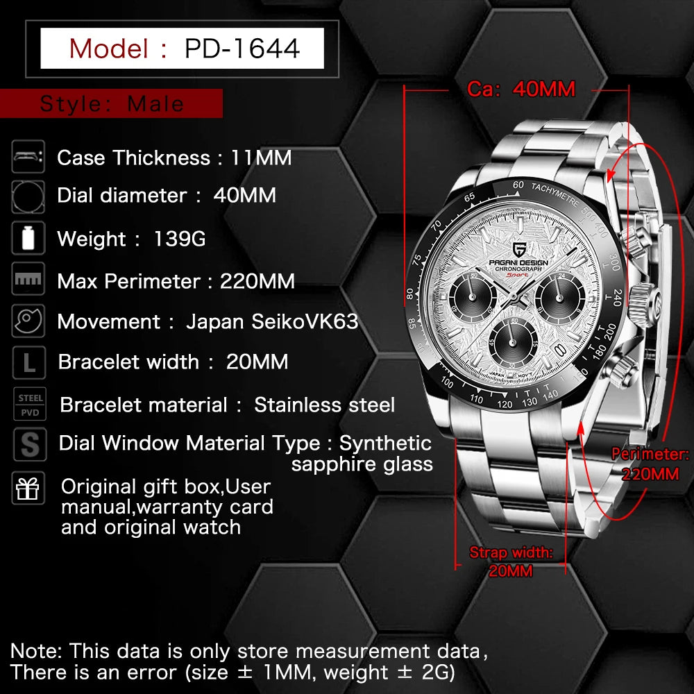 Pagani Design PD 1644 Orologio Da Uomo Con Quadrante Meteoritico E Vetro Zaffiro Quarzo 100M Cronografo