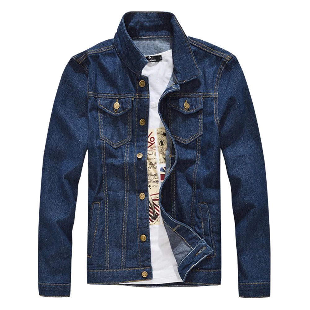 Capospalla Uomo Slim Fit Denim Blu Scuro Con Maniche Lunghe Tasche Giacca Jeans Classica