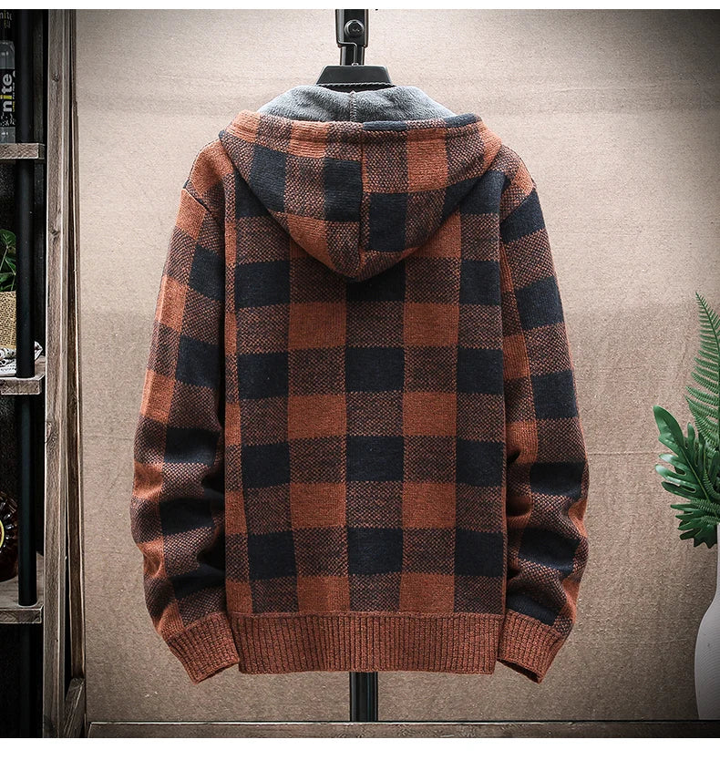 Nuovo Maglione Scozzese Invernale Da Uomo Cardigan Con Cappuccio Cerniera Giacca In Lana Calda Autunno In Pile Quadretti