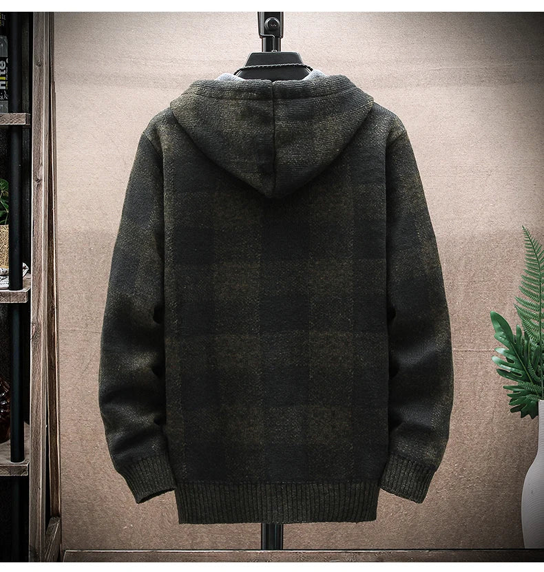 Nuovo Maglione Scozzese Invernale Da Uomo Cardigan Con Cappuccio Cerniera Giacca In Lana Calda Autunno In Pile Quadretti