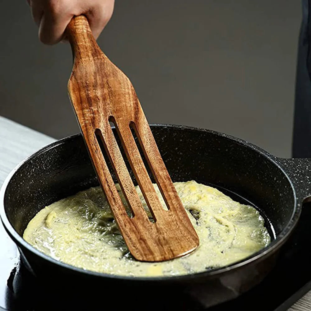 Set Da 5 Pezzi Di Spatole Scanalate In Teak Naturale Per Mescolare Utensili Da Cucina In Legno Resistente Al Calore