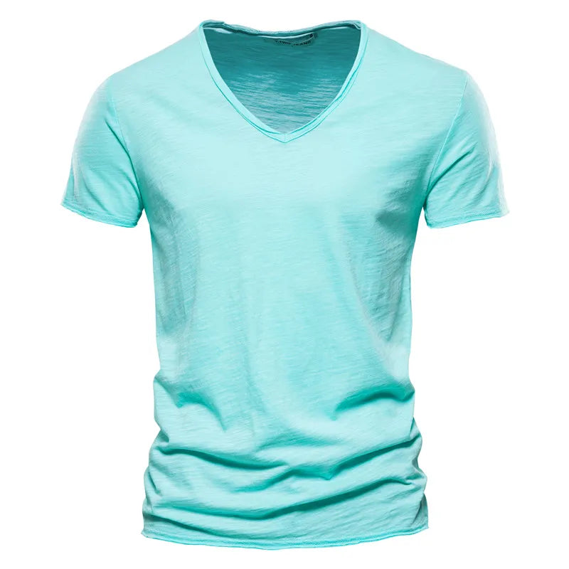 Maglietta Uomo Cotone 100 Percento Con Scollo A V Slim Fit Colore Solido Manica Corta