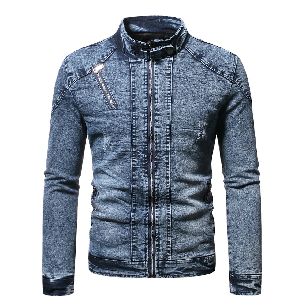 Giacca Jeans Uomo Denim Streetwear Primavera Autunno Collo Mandarino Slim Fit Capispalla