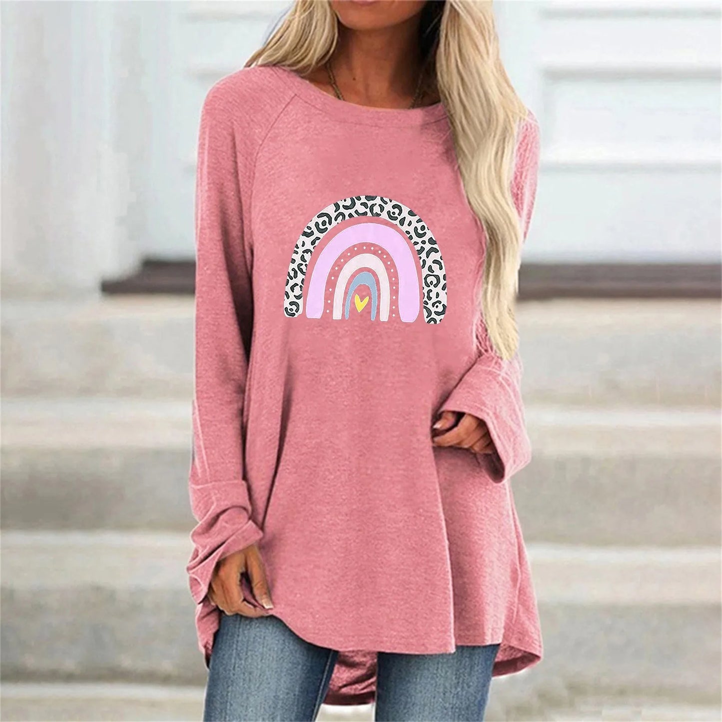 Maglietta Donna Collo O Cuore 3D Stampato Allentata Maniche Lunghe Harajuku Pullover Grandi Dimensioni