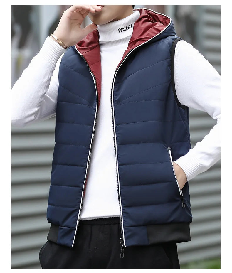Gilet Reversibile Da Uomo Imbottito Senza Maniche In Cotone Con Cappuccio E Colletto Mandarino 2 In 1 Parka VT 276