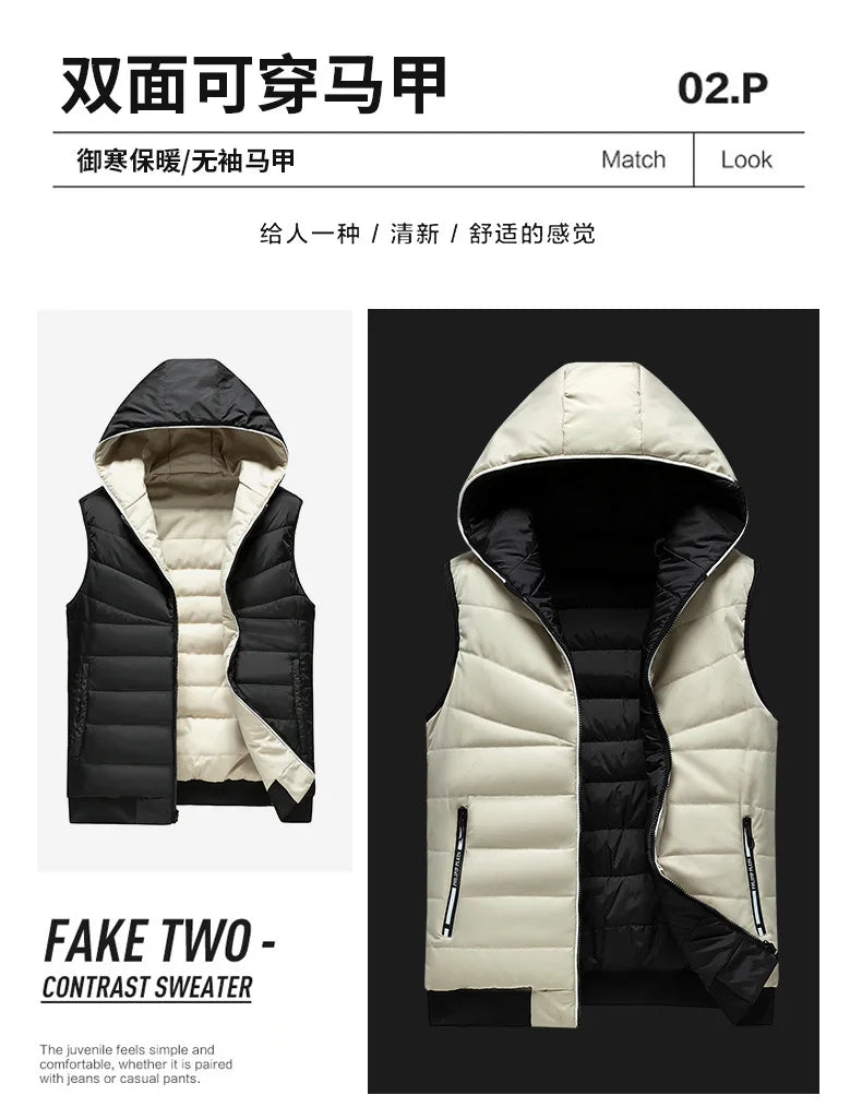 Gilet Reversibile Da Uomo Imbottito Senza Maniche In Cotone Con Cappuccio E Colletto Mandarino 2 In 1 Parka VT 276