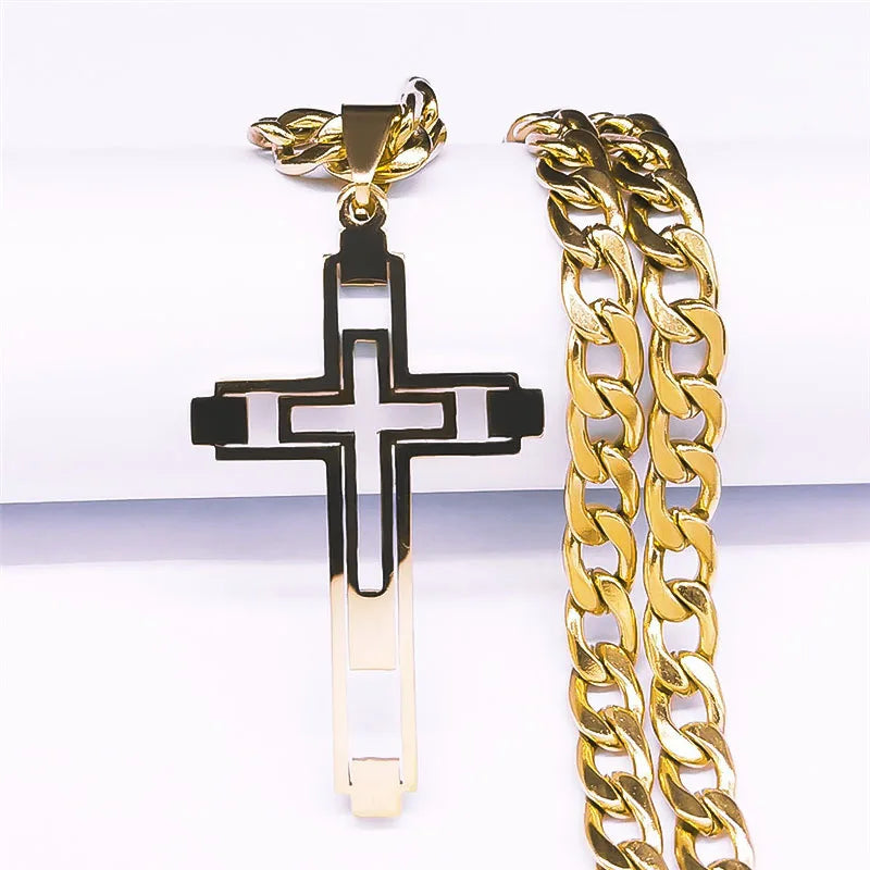 Collana Hip Hop Croce Unisex In Acciaio Inossidabile Con Pendente Lungo Dorato Oro N6055S05