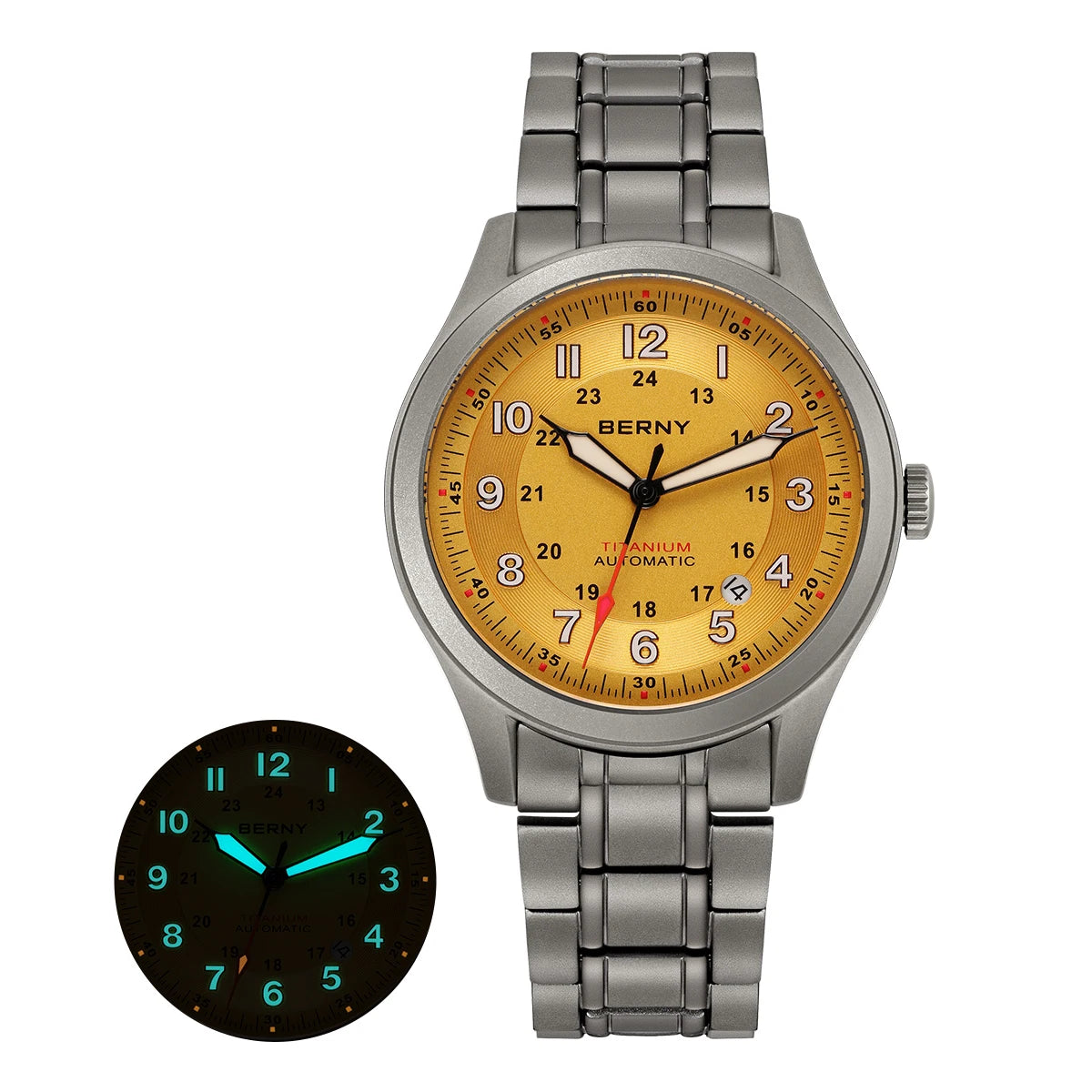 BERNY Orologio Da Campo Da Uomo Automatico In Titanio Con Vetro Zaffiro Luminoso Calendario 10ATM Impermeabile Da Pilota