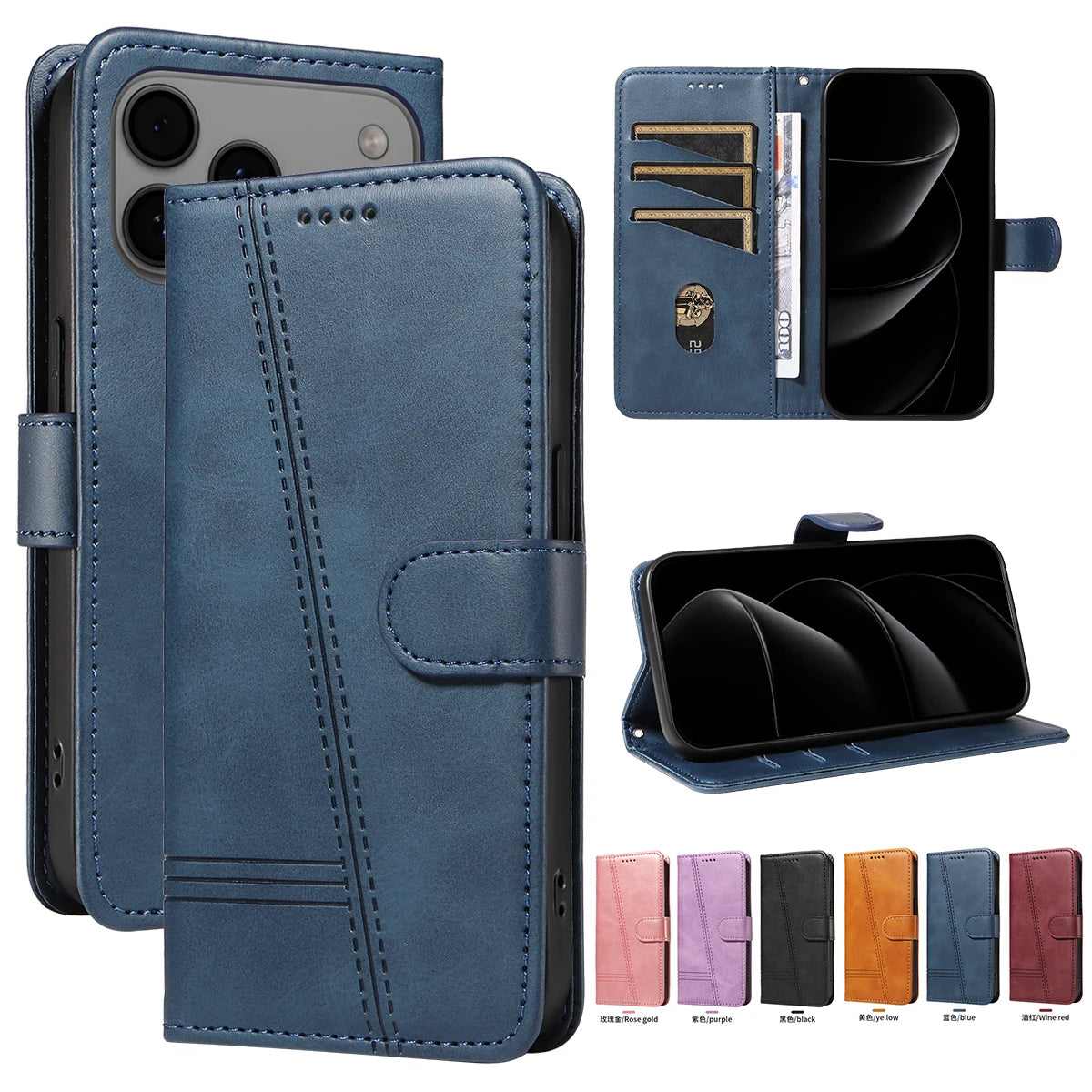 Custodia In Pelle Flip Portafoglio Per iPhone 11 12 13 14 15 16 17 Pro Max Mini Air Con Slot Per Schede E Supporto