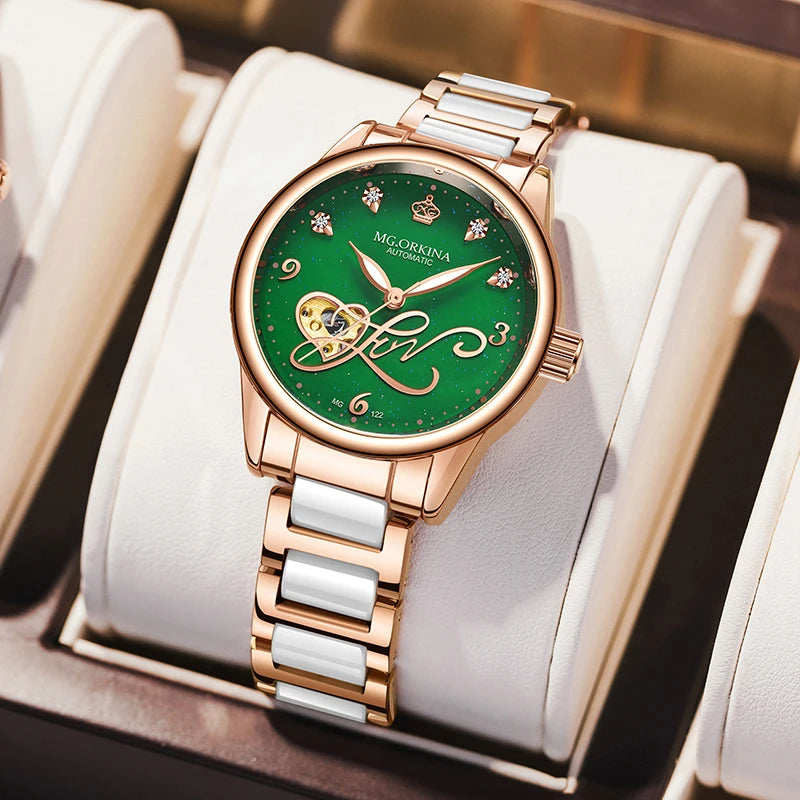 Orologio Meccanico Automatico Da Donna Orkina Classico Scheletrato Lusso Cinturino In Acciaio Inossidabile E Pelle