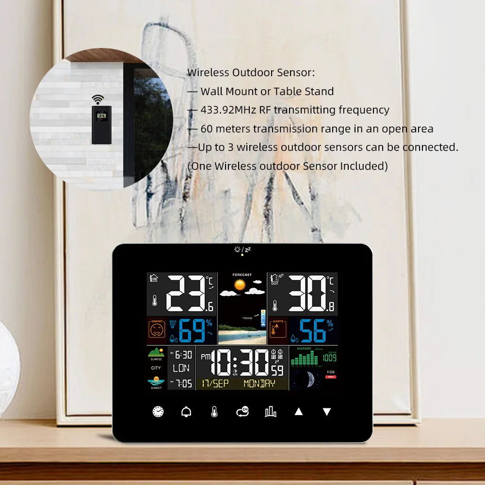Stazione Meteo Multifunzionale Sveglia Touch Screen Termometro Igrometro Con Sensore Wireless Alba Tramonto Igrotermografo