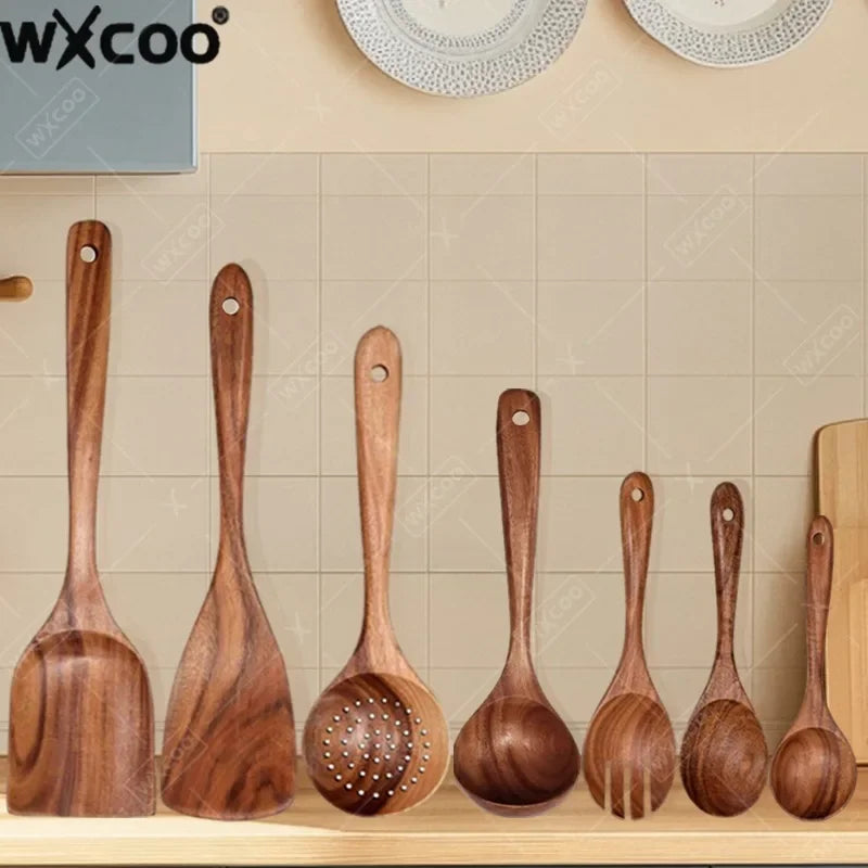 Wxcoo Cucchiai Da Cucina In Legno Di Teak Naturale Set Spatole E Paletta In Legno Antiaderente Utensili Da Cucina