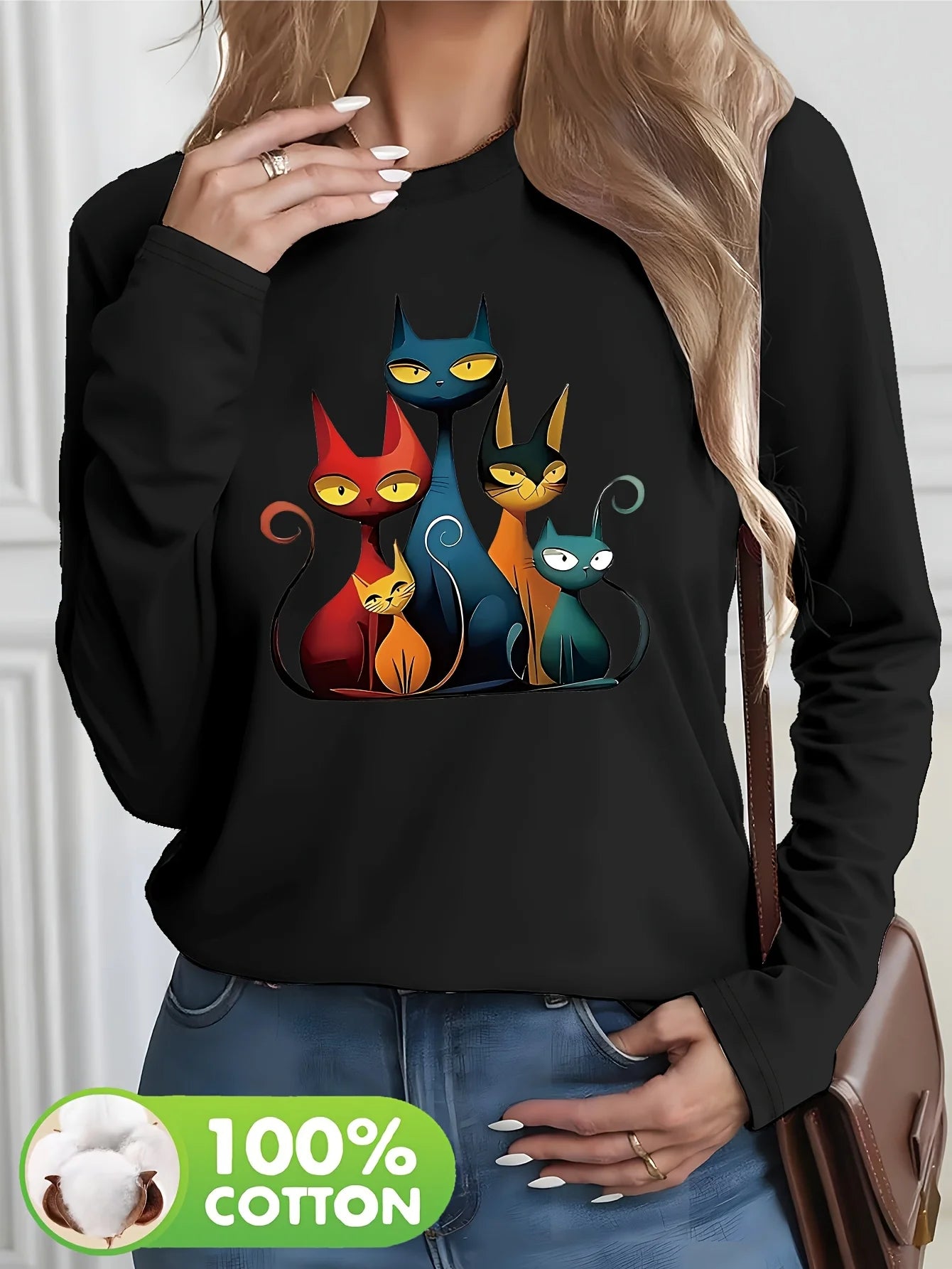 T Shirt Da Donna Autunno Inverno 100 Percento Cotone Con Stampa Cuore Girocollo Maniche Lunghe