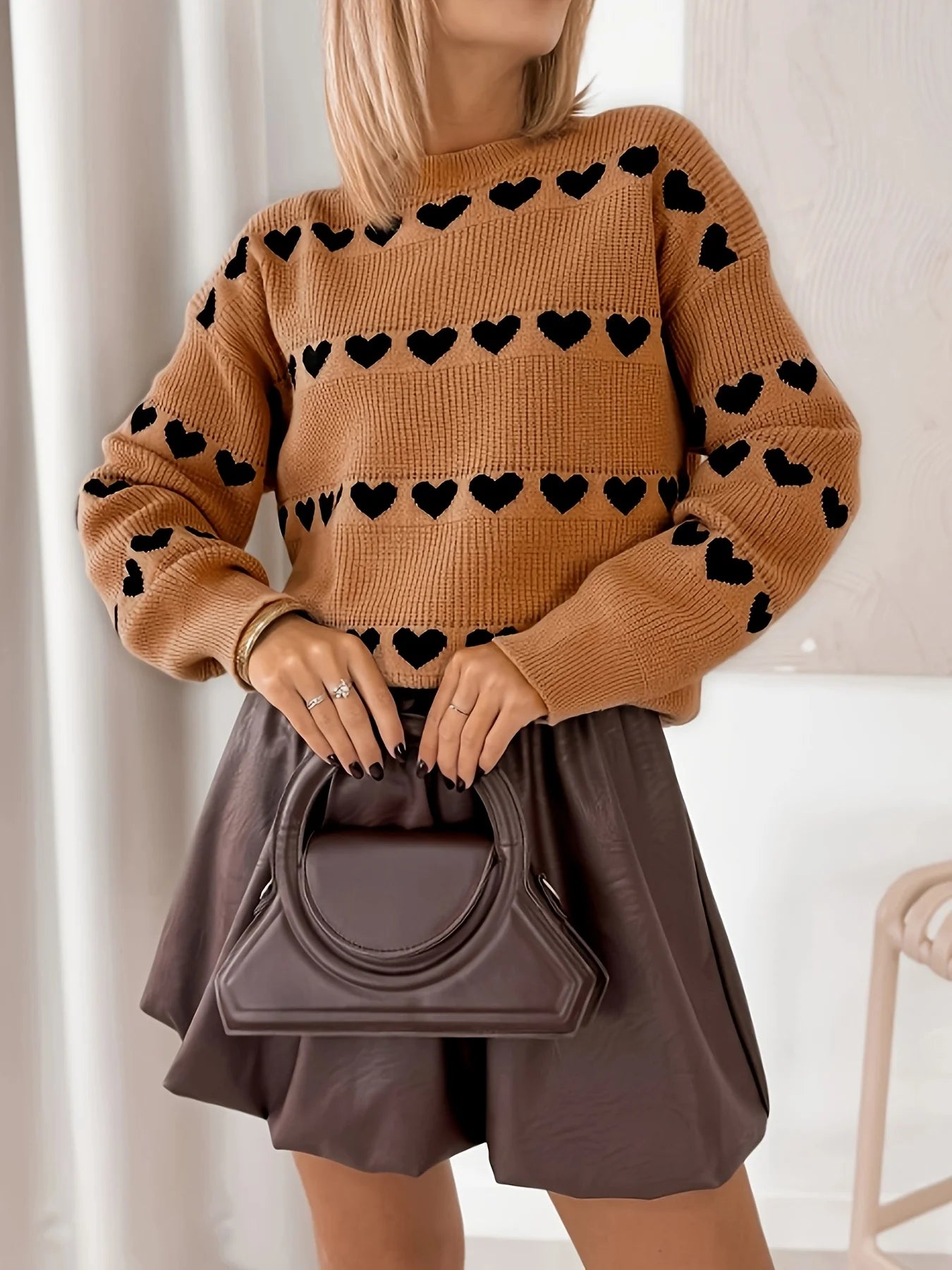 Maglione Donna Elegante Lavorato a Maglia con Motivo Jacquard a Cuore Girocollo Primavera Autunno Top Casual