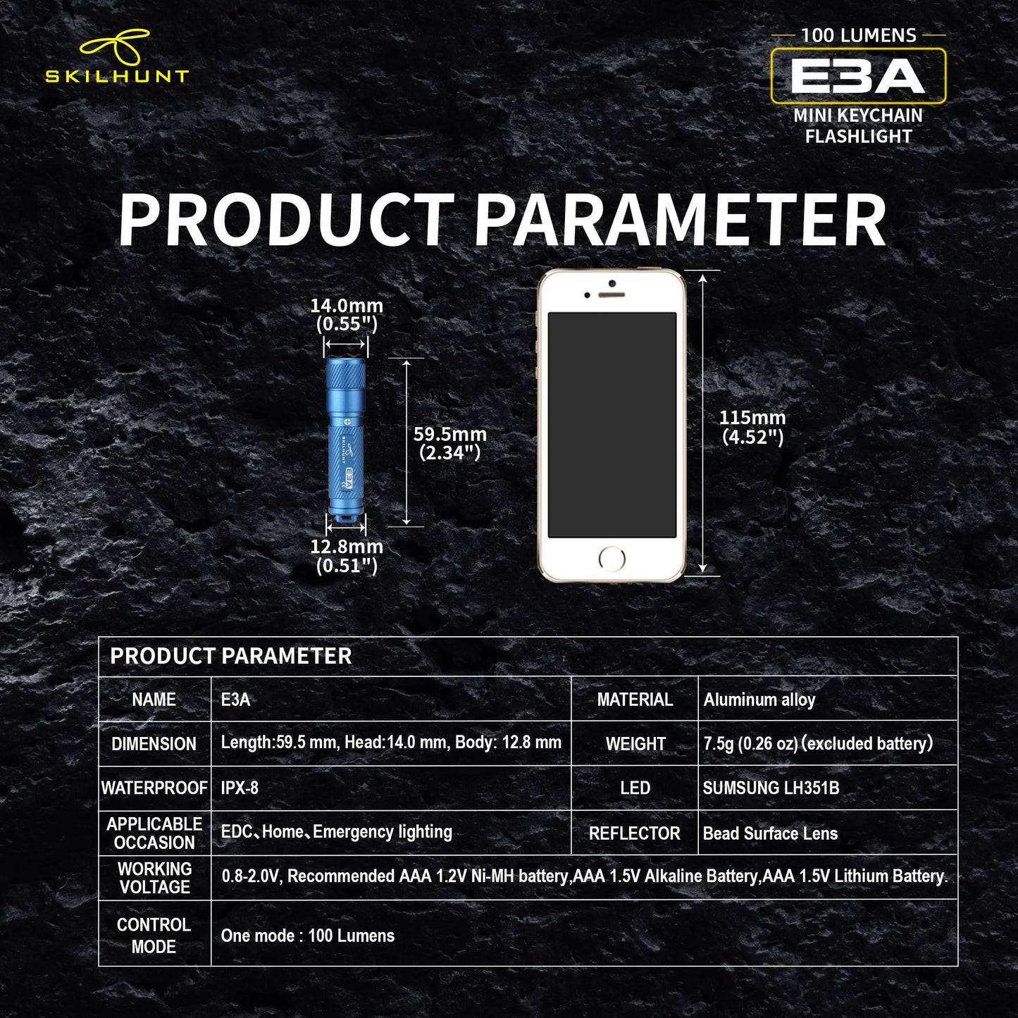 Skilhunt E3A Torcia LED Portachiavi EDC 100 Lumen AAA Mini Pocket Ricaricabile Compatibile