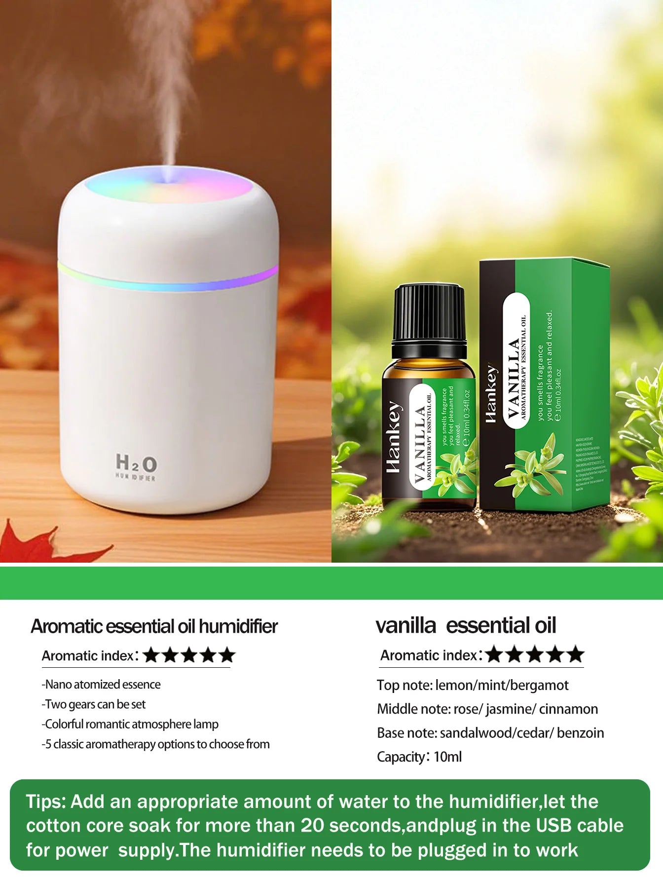 Diffusore Aromaterapia Umidificatore Purificatore D'Aria 300ml Luce a Sette Colori Olio Essenziale per Uso Domestico