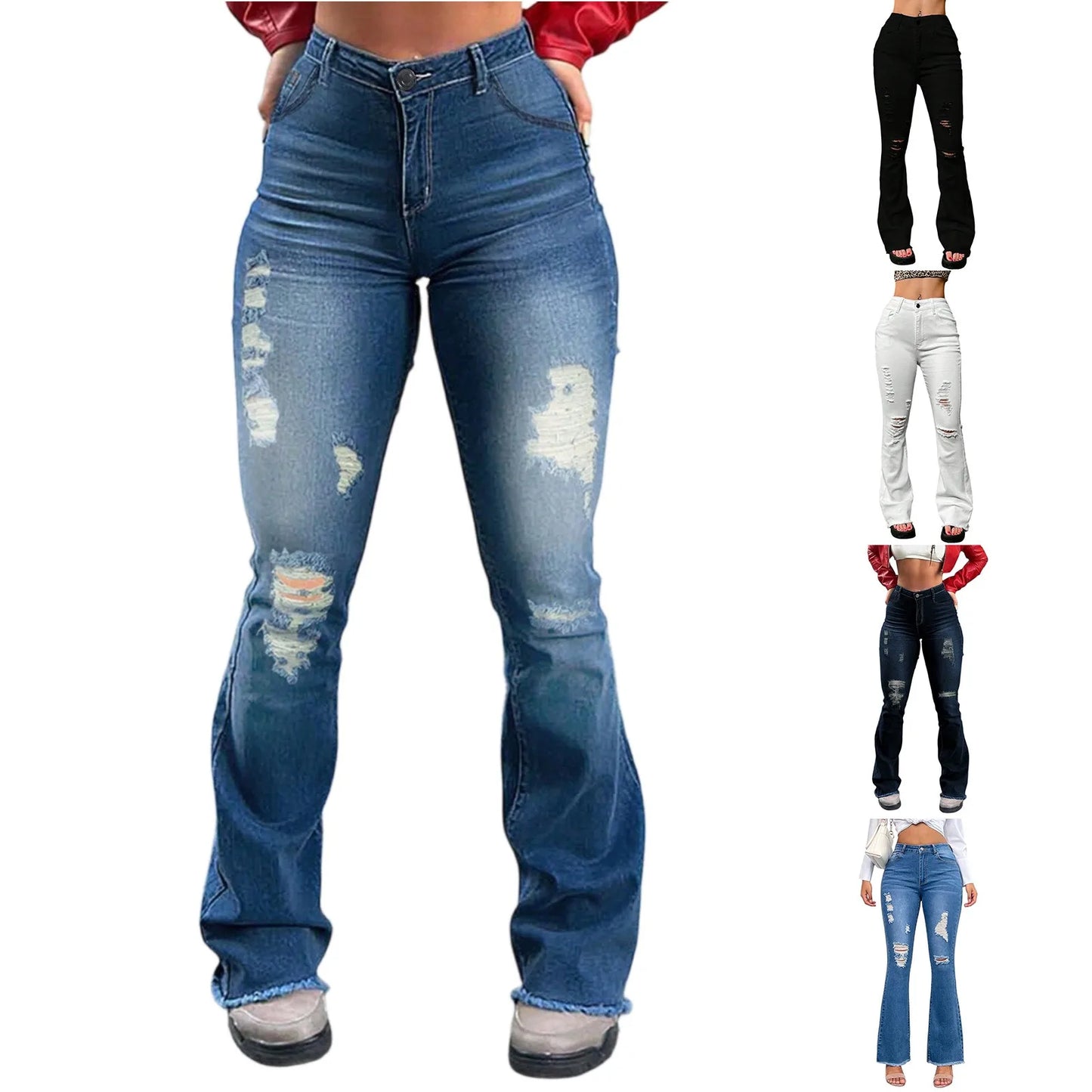Jeans Da Donna Slim Fit High Waist Strappi Retrò In Denim Tinta Unita Con Tasche