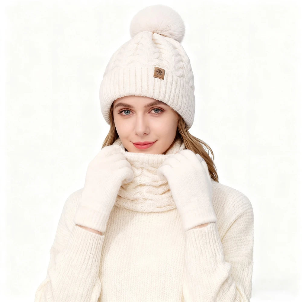 Set Cappello Invernale Donna Sciarpa Guanti Con Pompon Pelo Lavorato A Maglia Per Ragazze Adolescenti