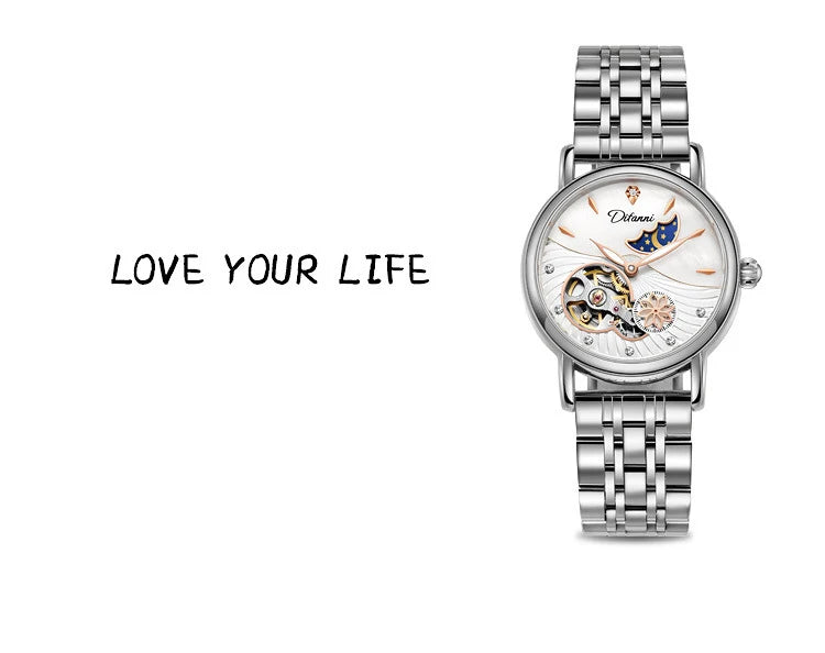 Orologio Da Donna Automatico Impermeabile Con Fasi Lunari E Fiori Girevoli Lusso Di Marca Pregiata