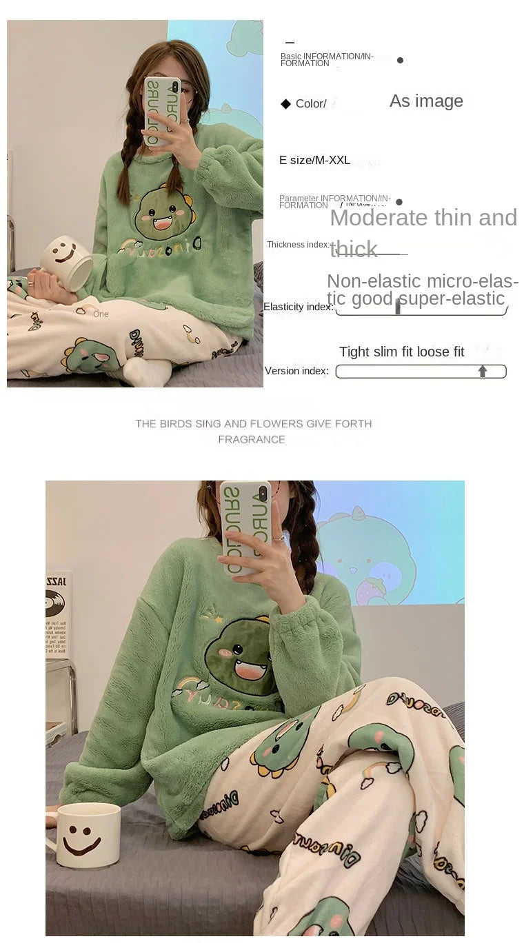 Pigiama Da Donna In Flanella Caldo Due Pezzi Autunno Inverno Pantaloni A Maniche Lunghe Morbido Carino Da Casa