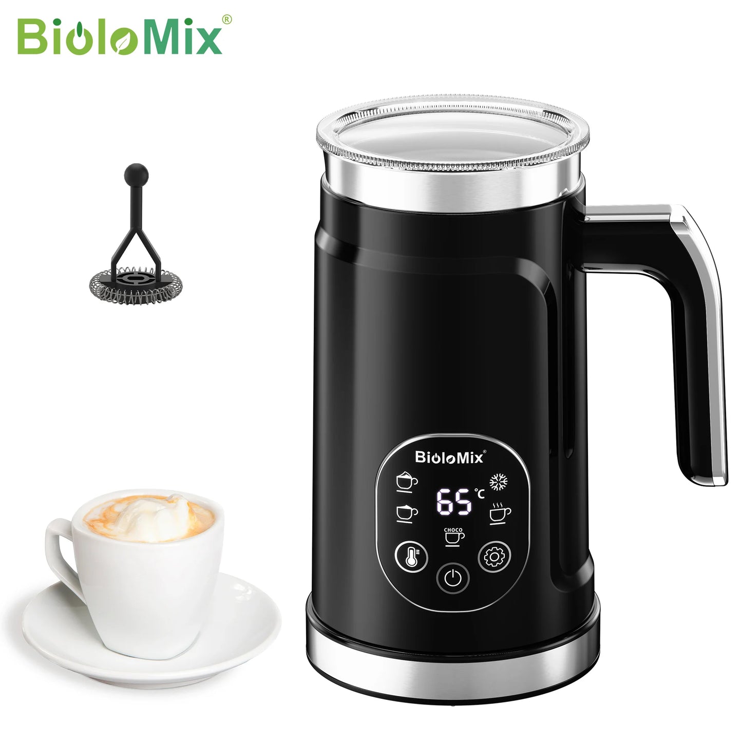 Biolomix Montalatte Intelligente 5 in 1 con Display Touch LED Schiuma Calda e Fredda per Caffè e Latte