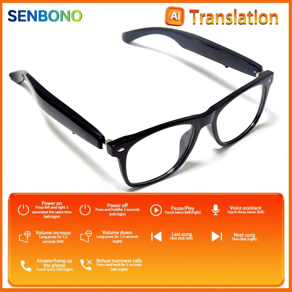Senbono Occhiali Intelligenti Bluetooth Chiamata Traduzione AI Controllo Musica Volume Occhiali Solari Anti Luce Blu