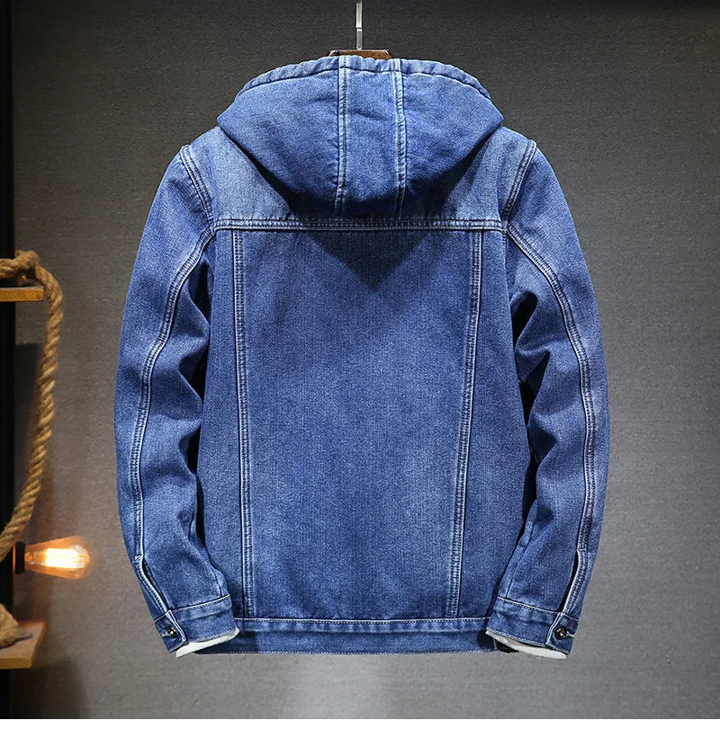 Giacca Jeans Uomo Invernale Termica Spessa Con Cappuccio In Pile Denim Casual Fit Trend