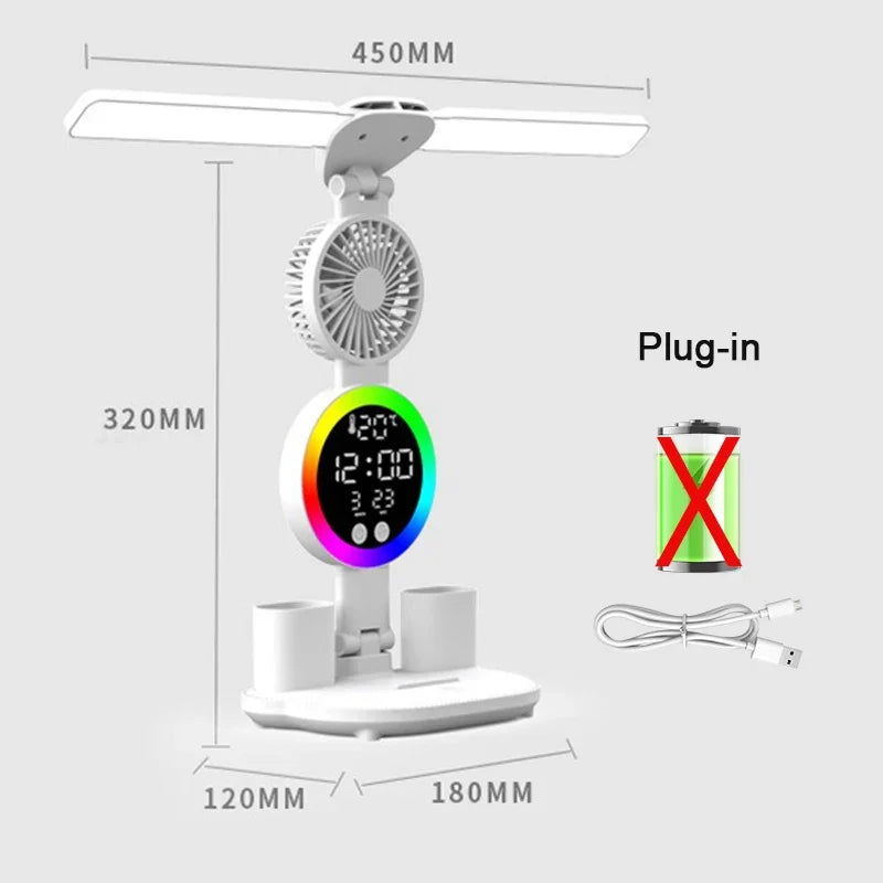 Lampada Da Tavolo Led Con Ventilatore Orologio Ricaricabile Luminosità Regolabile Per Studio Scrivania