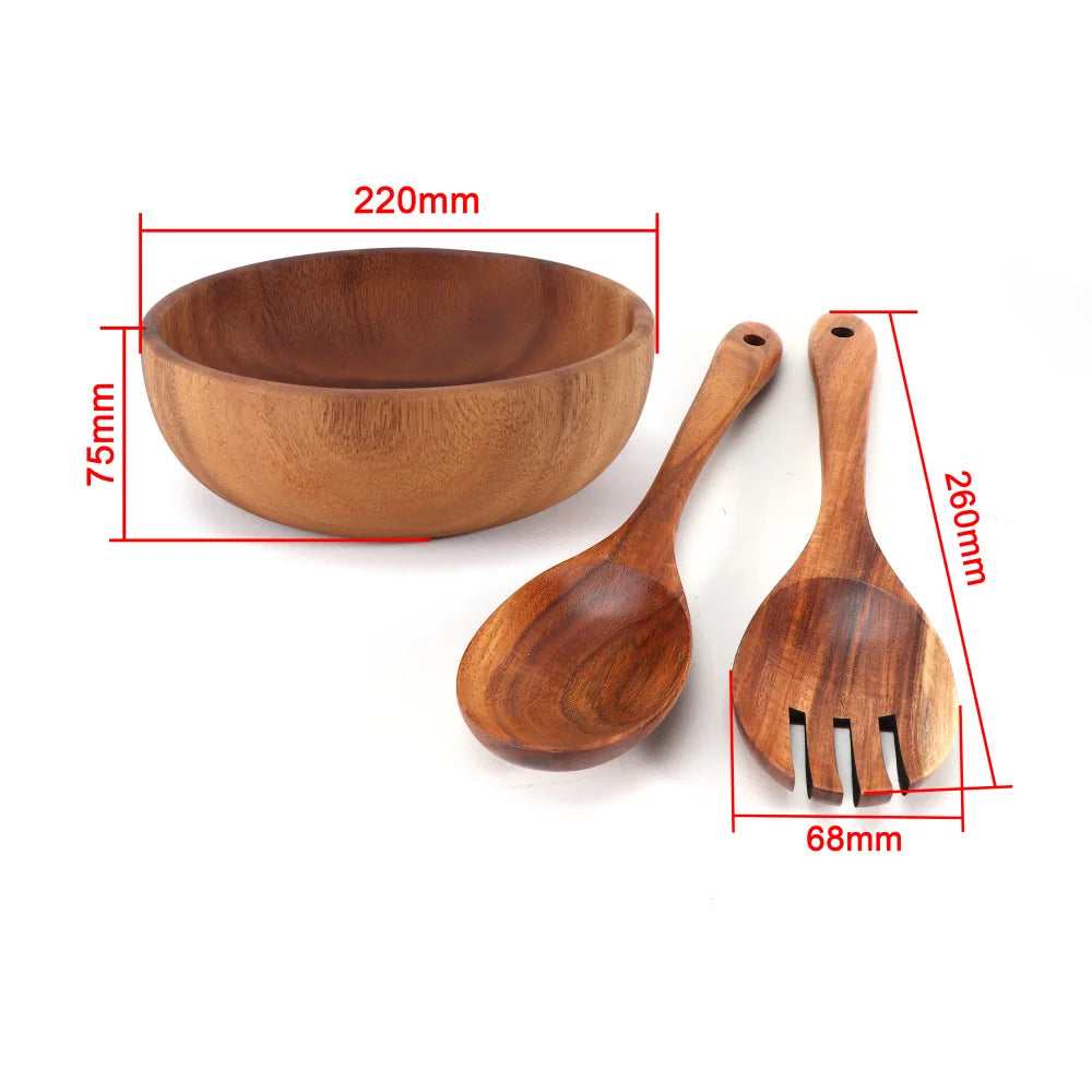 Jaswehome Set Tre Pezzi Ciotole In Legno Di Acacia Naturale Con Cucchiaio E Forchetta Per Servire