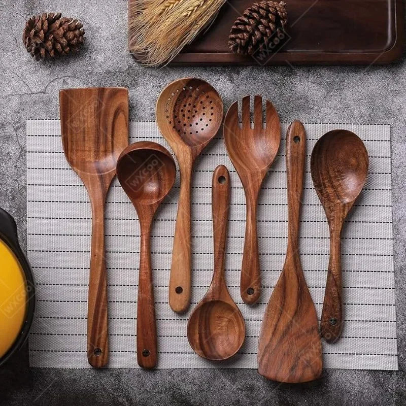 Wxcoo Cucchiai Da Cucina In Legno Di Teak Naturale Set Spatole E Paletta In Legno Antiaderente Utensili Da Cucina