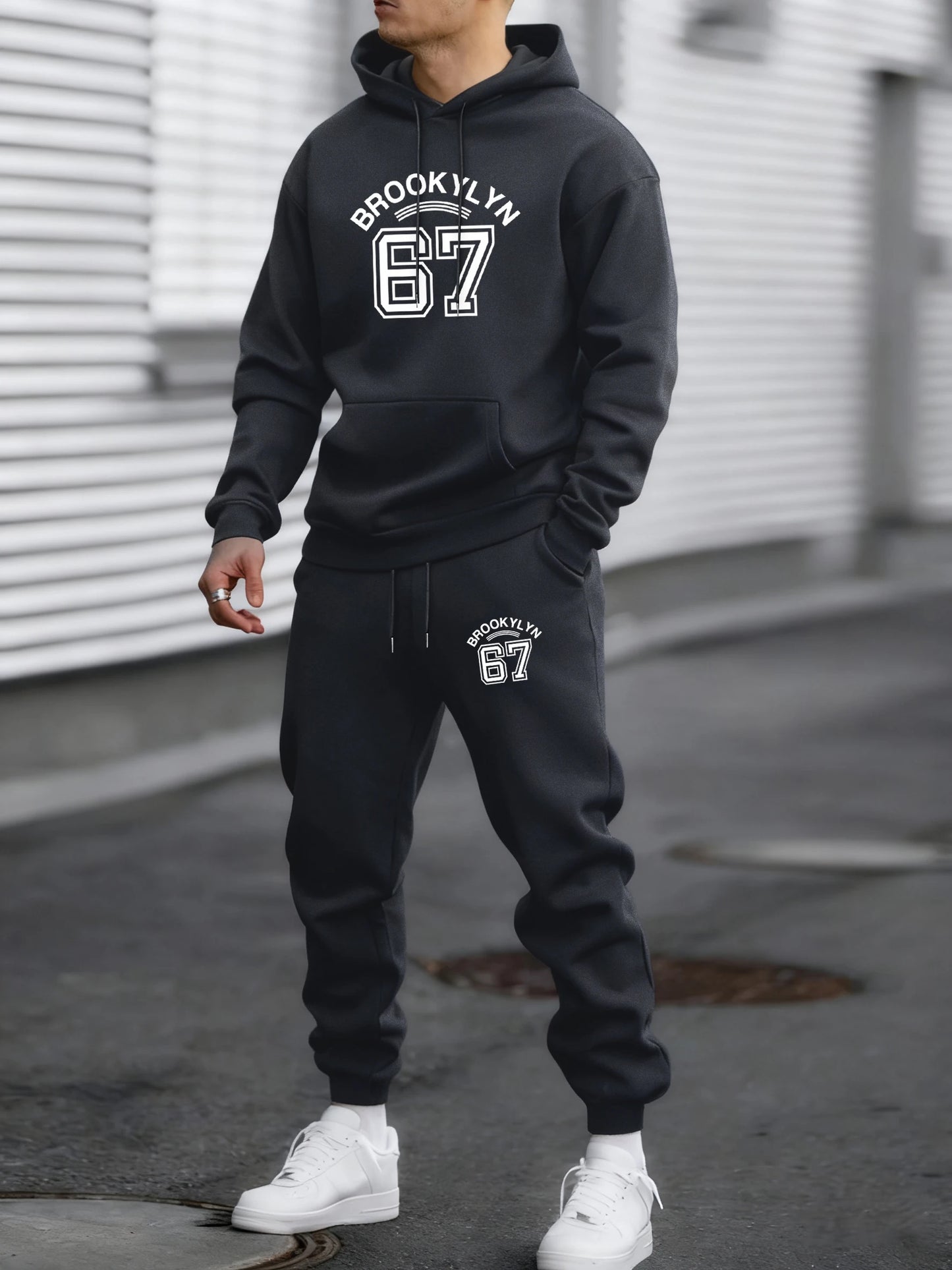 Brooklyn Lettera 67 Stampe Arte Tuta Sportiva Uomo Con Cappuccio In Pile Caldo Pantaloni Larghi Autunno Vintage