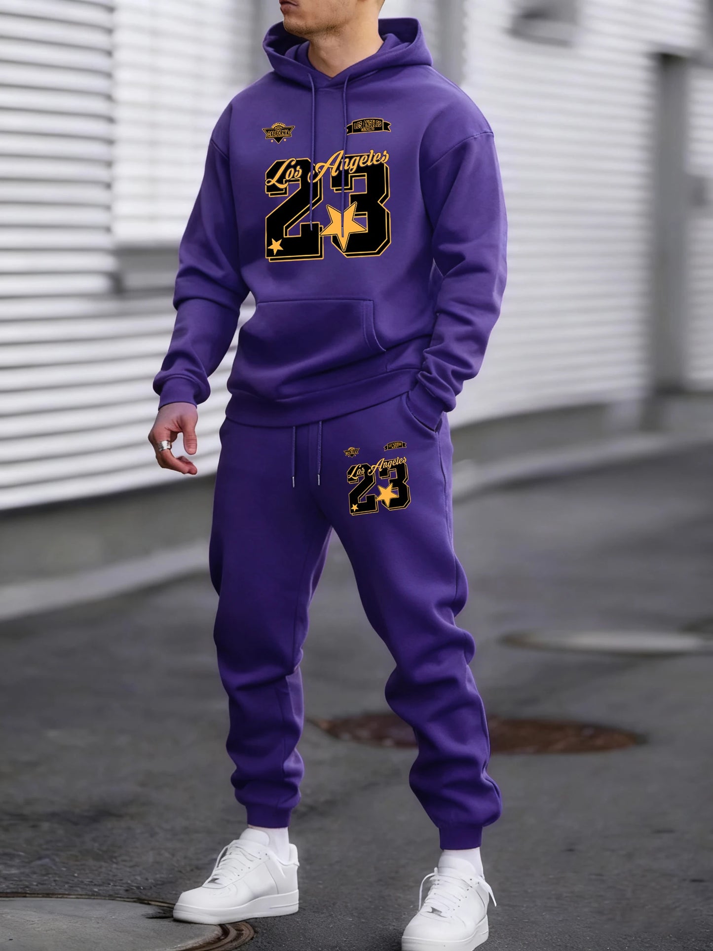 Felpa Con Cappuccio Uomo Autunno Inverno Set Pantaloni Lunghi In Pile Con Tasche Stampa Numero 23 Los Angeles California