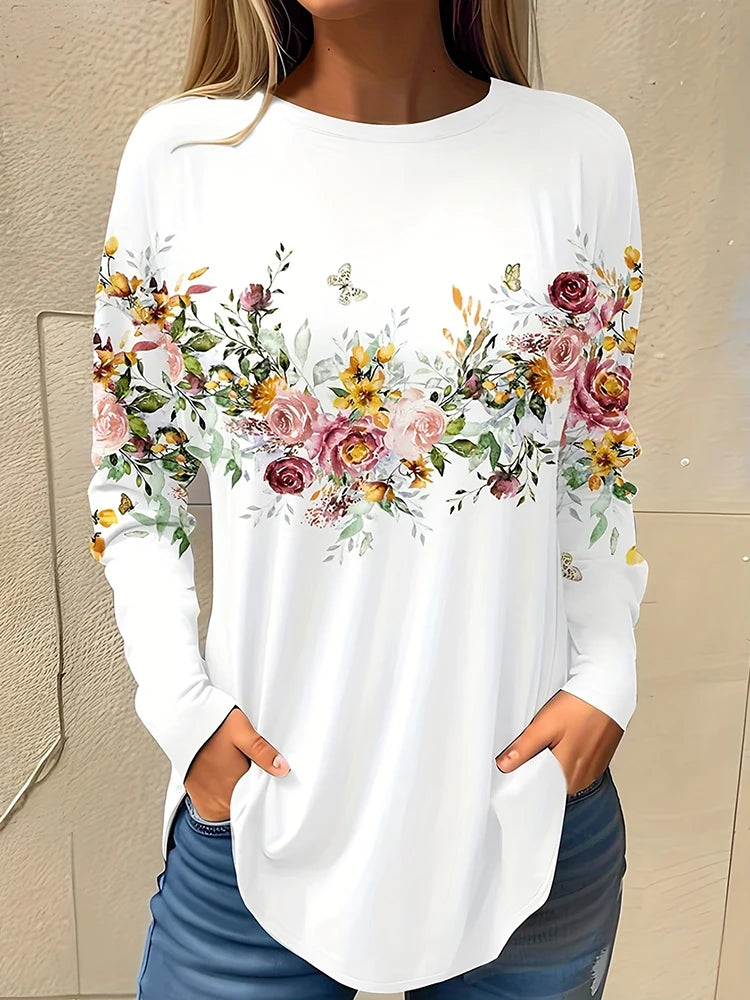 Magliette Calde Da Donna Per Autunno Inverno Maniche Lunghe Stampe Fiori 3D Casual Street Style