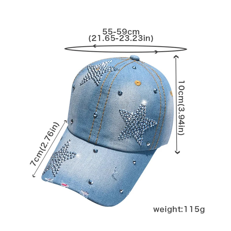 Berretto Da Baseball Da Donna In Denim Con Stella Di Strass Regolabile Snapback Con Visiera Alla Moda