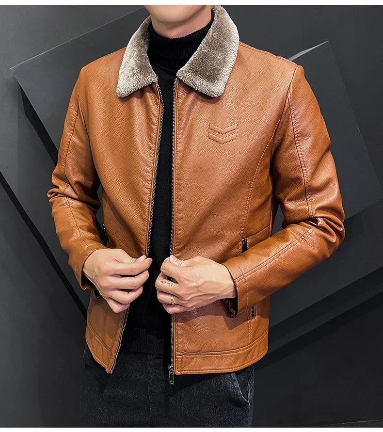 Giacca In Pelle Ispessita Da Uomo Invernale Con Cerniera E Bavero Design Taglie Forti Bomber