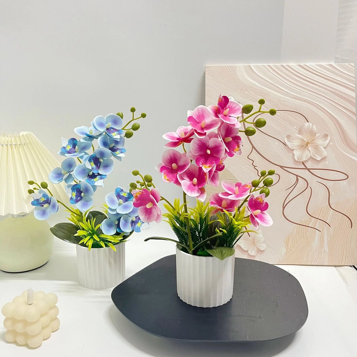 Set Decorazione Nozze con 2 Forchette e 12 Fiori Artificiali Orchidea Farfalla Piante in Vaso con Pellicola Texture