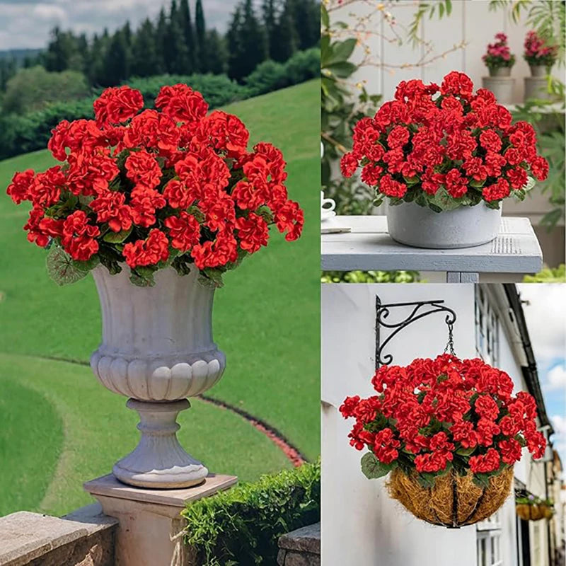 Geraniumi Artificiali 14 Pollici Fiori Rossi Bouquet di Seta Cespugli per Fioriere Portico Patio Casa Decorazione