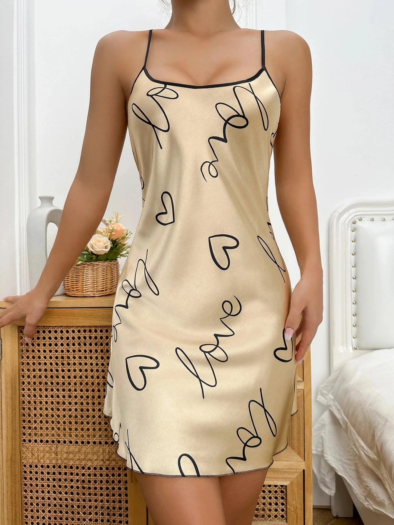 Slip Dress In Seta Ghiaccio Collo A U Da Donna Pigiama Sottile Traspirante Stampa Senza Schiena