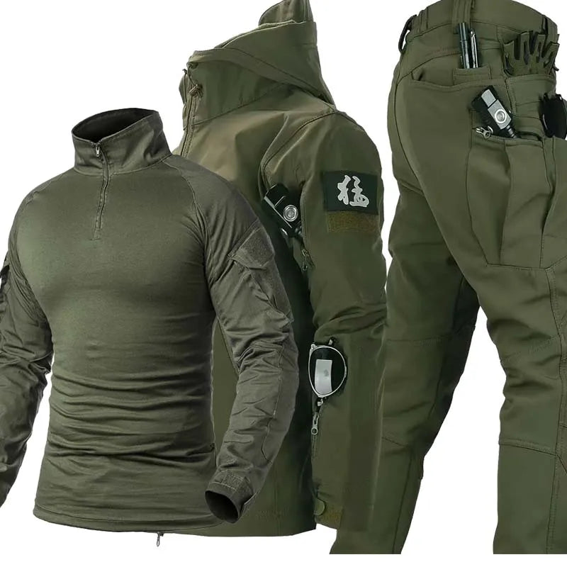 Tuta Soft Shell Uniforme Militare Con Cappuccio Pantaloni Cargo Traspiranti Set Da Caccia Multitasche