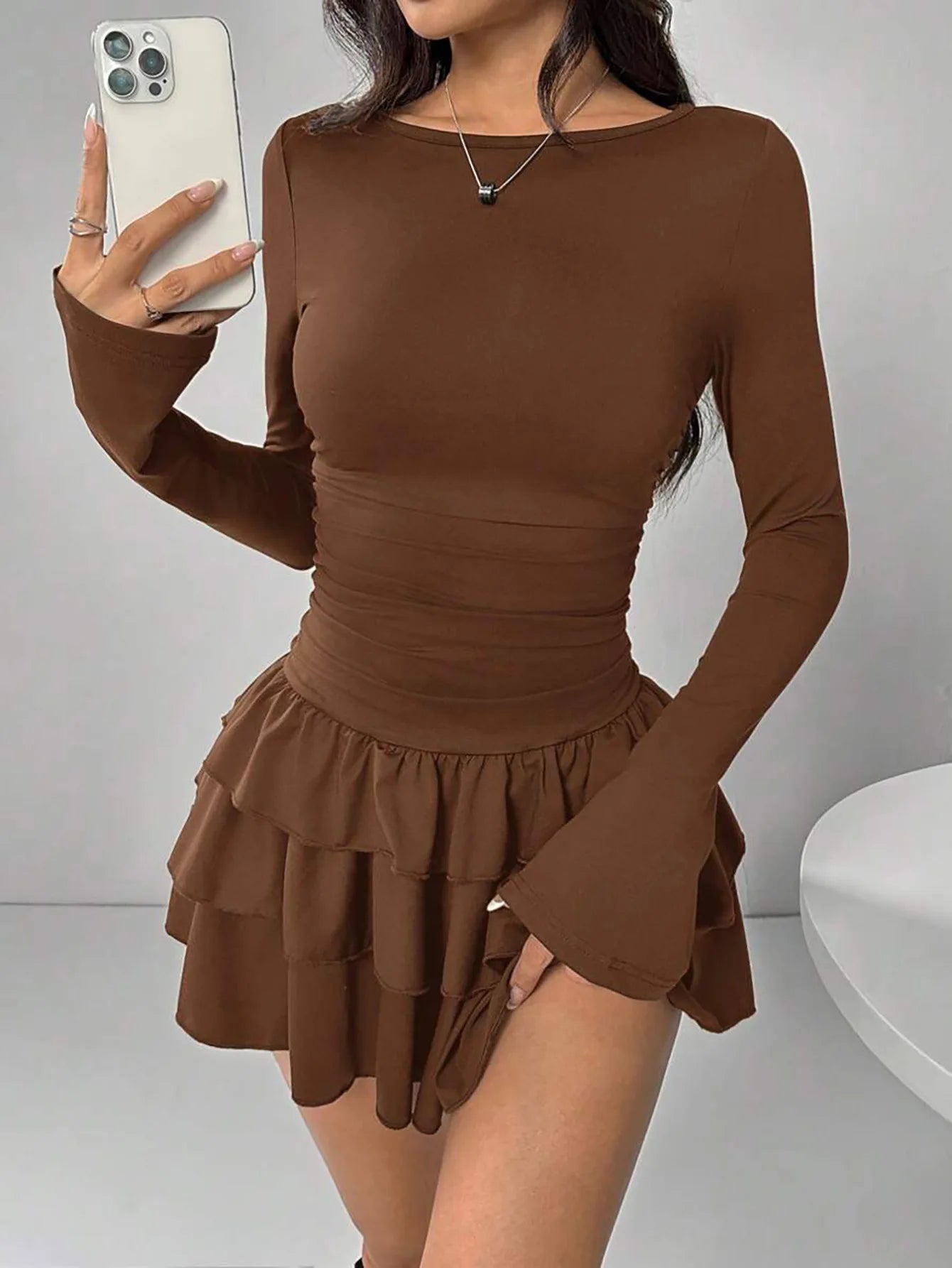 Abito Da Donna Slim Fit Autunno Inverno Midi Vita Alta Empire Tinta Unita Con Increspature E Maniche Svasate