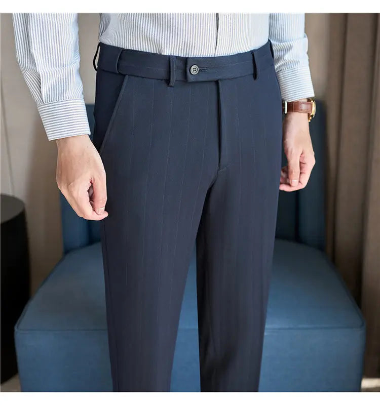 Pantaloni Da Abito Inverno In Lana Spessa Con Vita Elastica Gessati E Tinta Unita Per Uomo